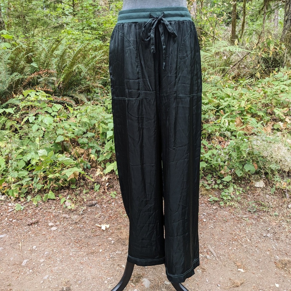 Stateside Viscose Rayon Satin Wide Leg Pants S Black/Green Pull On Trouser Flowy